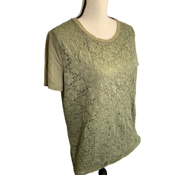 Basic Editions Green Olive Floral Lace Front Crew Neck Short Sleeve Top Size: XL - Picture 2 of 6